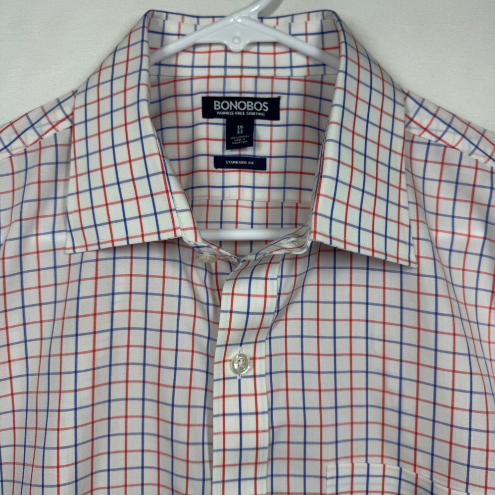 BONOBOS Wrinkle‎ Free Standard Fit Plaid Dress Shirt Red Blue White Size 16 33